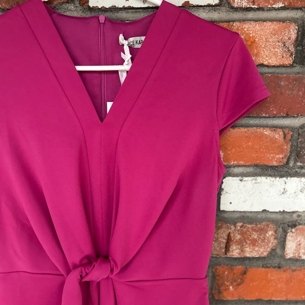 GRACE KARIN Midi Cap Sleeve Tie Waist Work Dress Slit V-Neck Business Casual S - Image 4