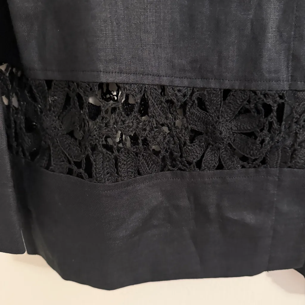 Black Button-Up Women's Blouse with Lace Detail 100% Linen Long Sleeve Medium - Image 2