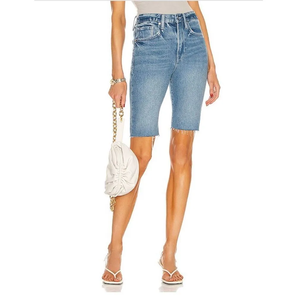 New FRAME Women's Blue Mid Rise Le Vintage Raw Hem Edges Bermuda Shorts Size 25 - Image 2