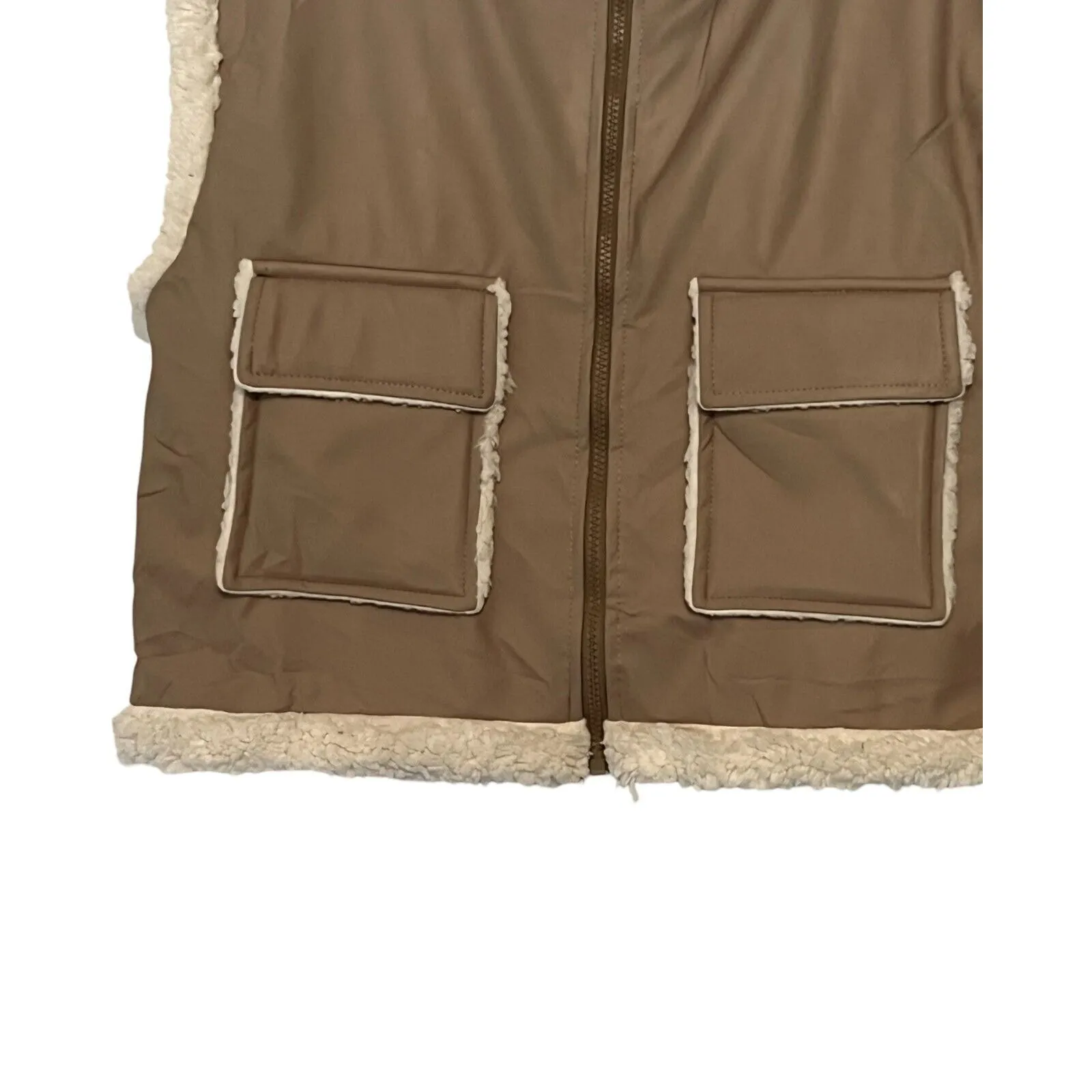 Boohoo Womens Sherpa Vest Size 10 Tan Faux Leather  Lined Pockets Full Zip NWT - Image 5