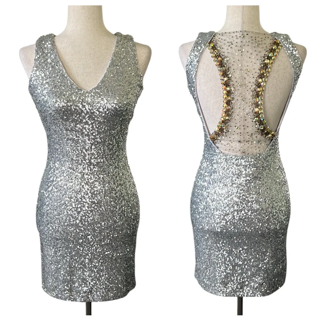 Get Lucky USA Silver Sequined Cocktail Dress with Embellished Racerback - Image 2