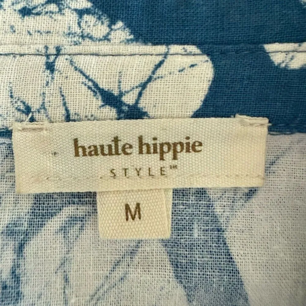 Haute Hippie Cropped Front Tie Button Up Top Blue White Abstract Linen Blend M - Image 6