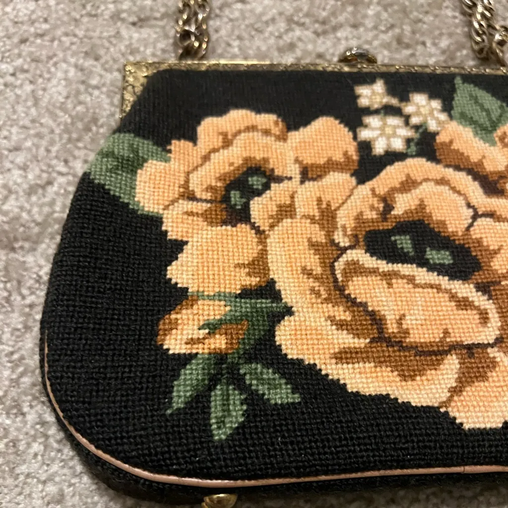 Vintage Tapestry Floral Needlepoint Handbag Convertible Chain Strap Black - Image 9