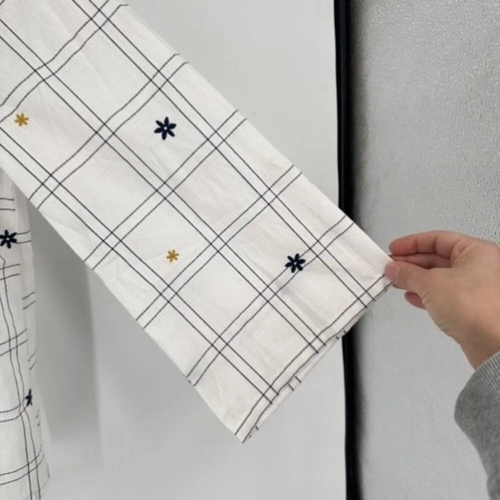 Madewell Embroidered Windowpane Square-Neck Button-Down‎ Top White White Wash XS - Image 7