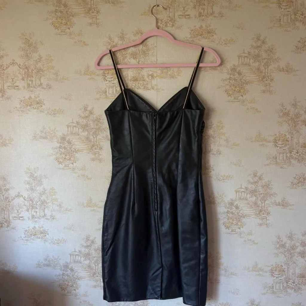 Vintage 80s J. Robert Leathers black leather bodycon mini dress gold detail 6 - Image 4