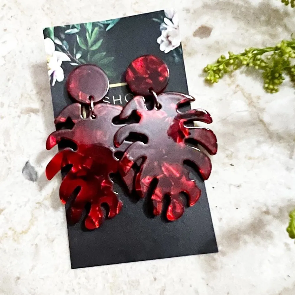 Ruby Monstera Leaf Resin Earrings Red - Image 2