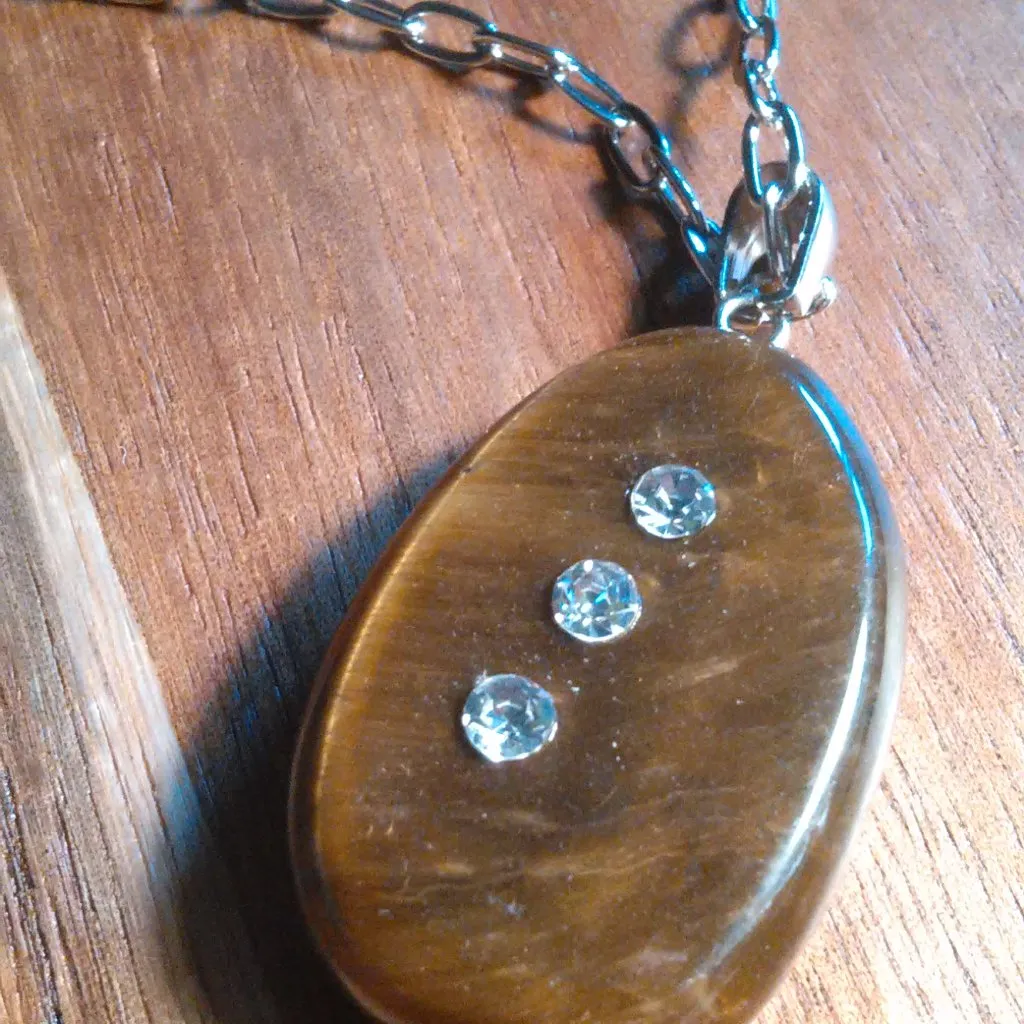 Tiger's Eye and White Austrian Crystal Stainless Steel Pendant Necklace - Image 6