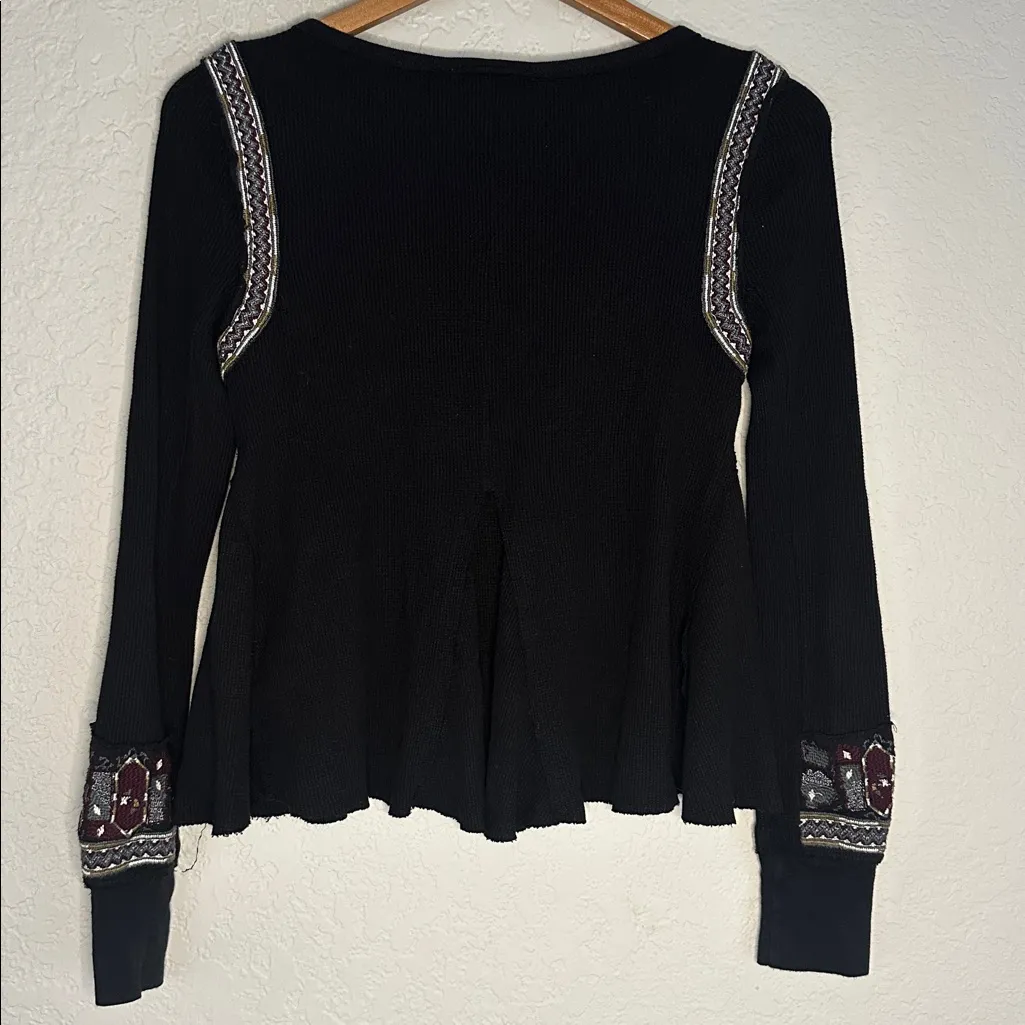 Free People x Marion Black Embroidered Waffle Thermal Top Long Sleeve Boho Flare - Image 10