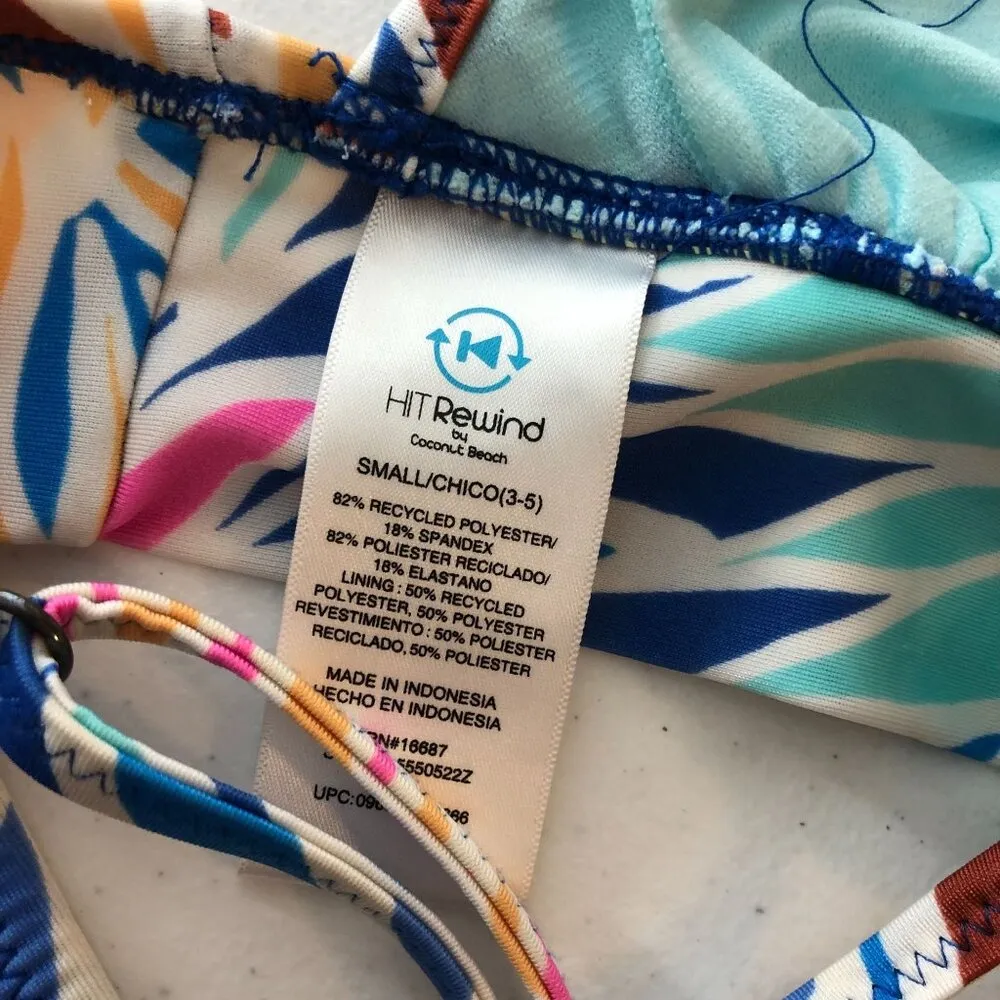 Hit Rewind Bikini Top Triangle Ruffle Straps Removable Cups Floral Colorful S Blue - Image 3