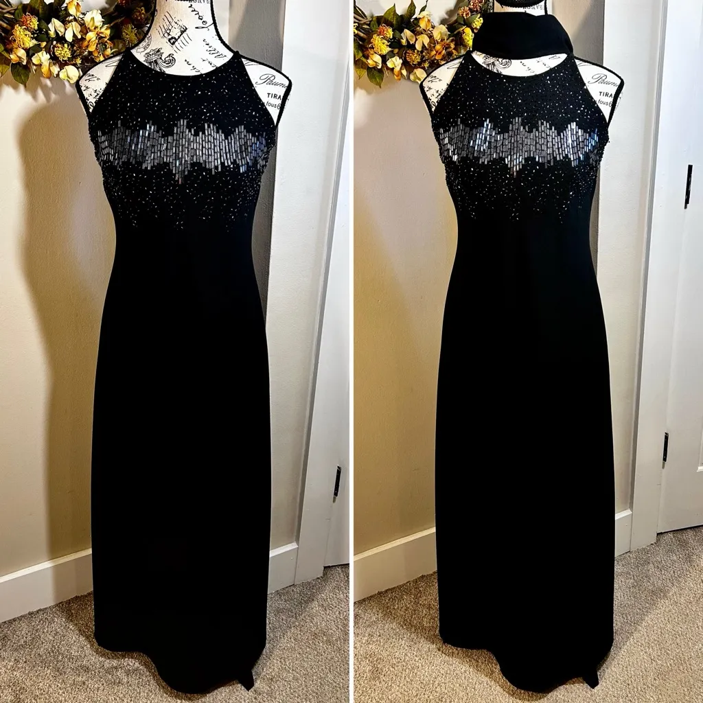Vintage Cachet Black Beaded Gown w/ Removable Scarf Formal Evening Dress~4💛 - Image 12