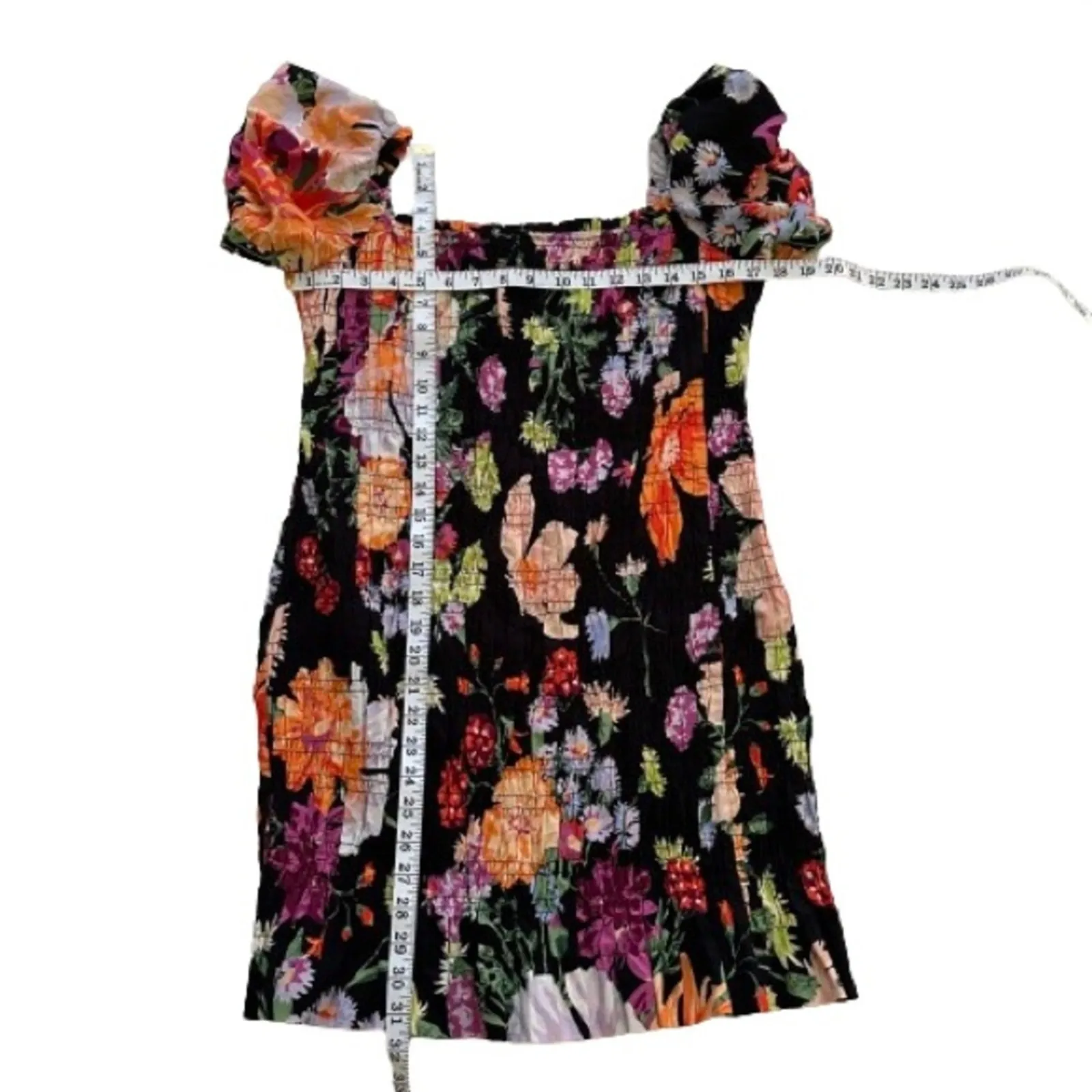 H&M Dress Black Pink Orange Floral Smocked Off Shoulder Puff Sleeve Large NEW - Image 12