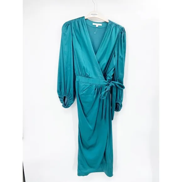 Jonathan Simkhai Blue Satin Long Sleeve Wrap Midi V - Image 18