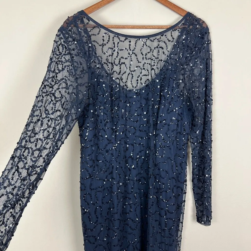 Papell Boutique Dress 16 Navy Blue Sequin Sheath Sheer Long Sleeve‎ Cocktail Zip - Image 4