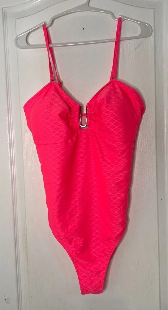 Womens Swimsuit XL Pink Seashell Print One Piece Adjustable Straps Bathing Suit Pink - Image 1