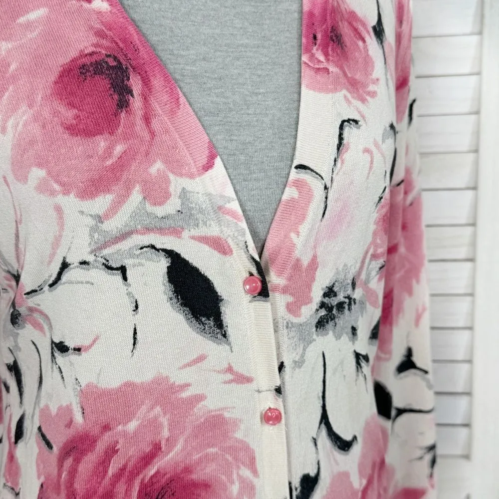 Jones New York Floral Silk Blend V Neck Cardigan Sweater‎ Cream Pink Medium - Image 5