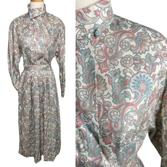 David Brooks vintage matching top skirt secretary set paisley pastel size S Blue - Image 2
