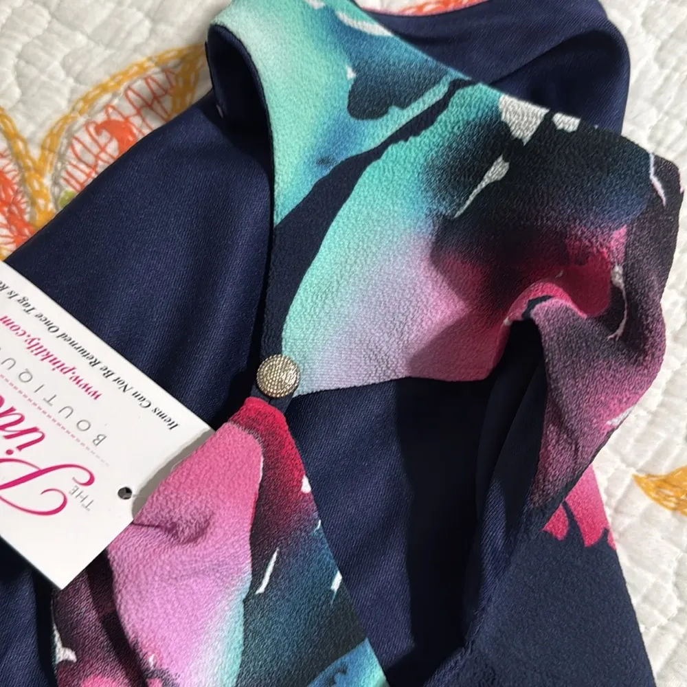 Pink Lily women’s size small navy blue pink Floral Sleeveless Dress lined button - Image 7