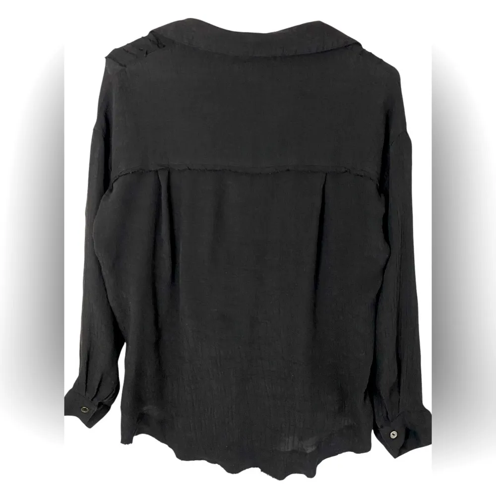 Listicle Women’s Small Black Sheer Button Down Distressed Style Long Sleeve Top - Image 2