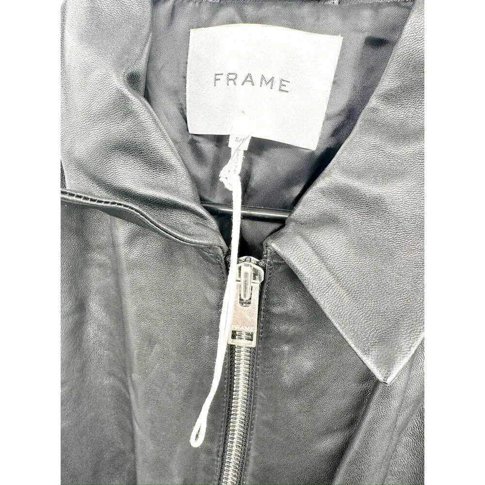 FRAME Pintucked Leather Dress Coat in Noir Black Zip Front Size S $2798 - Image 7