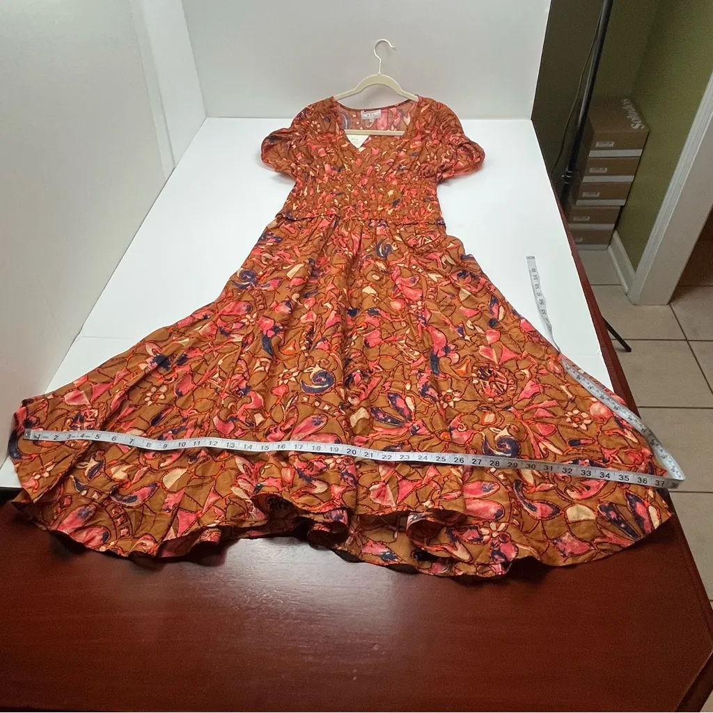 A.L.C.‎ Lucia Floral Smocked Midi Dress Burnt Orange Womens 4 Shirred Bodice NEW - Image 10