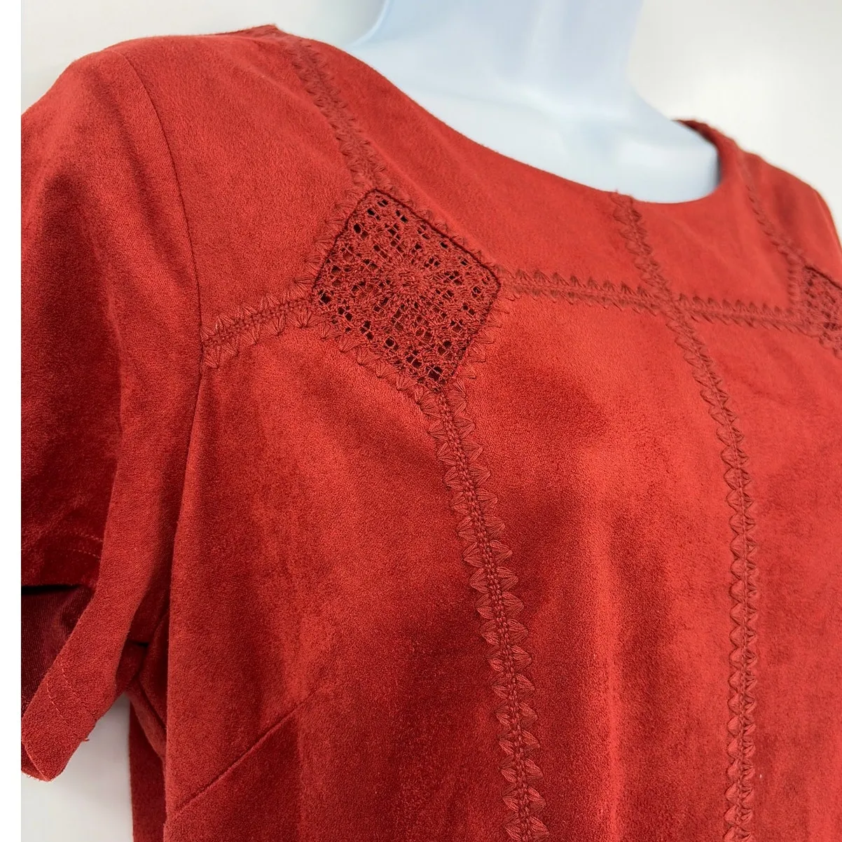 Skies are Blue Faux Suede Dress Sz M Soft Grunge Whimsigoth Y2K Rust Earthy Lace - Image 3