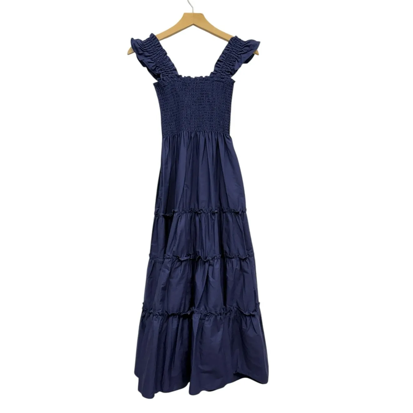 Kourt Navy Blue Square Neck Smocked Cotton Poplin Tiered Midi Dress size Small - Image 4