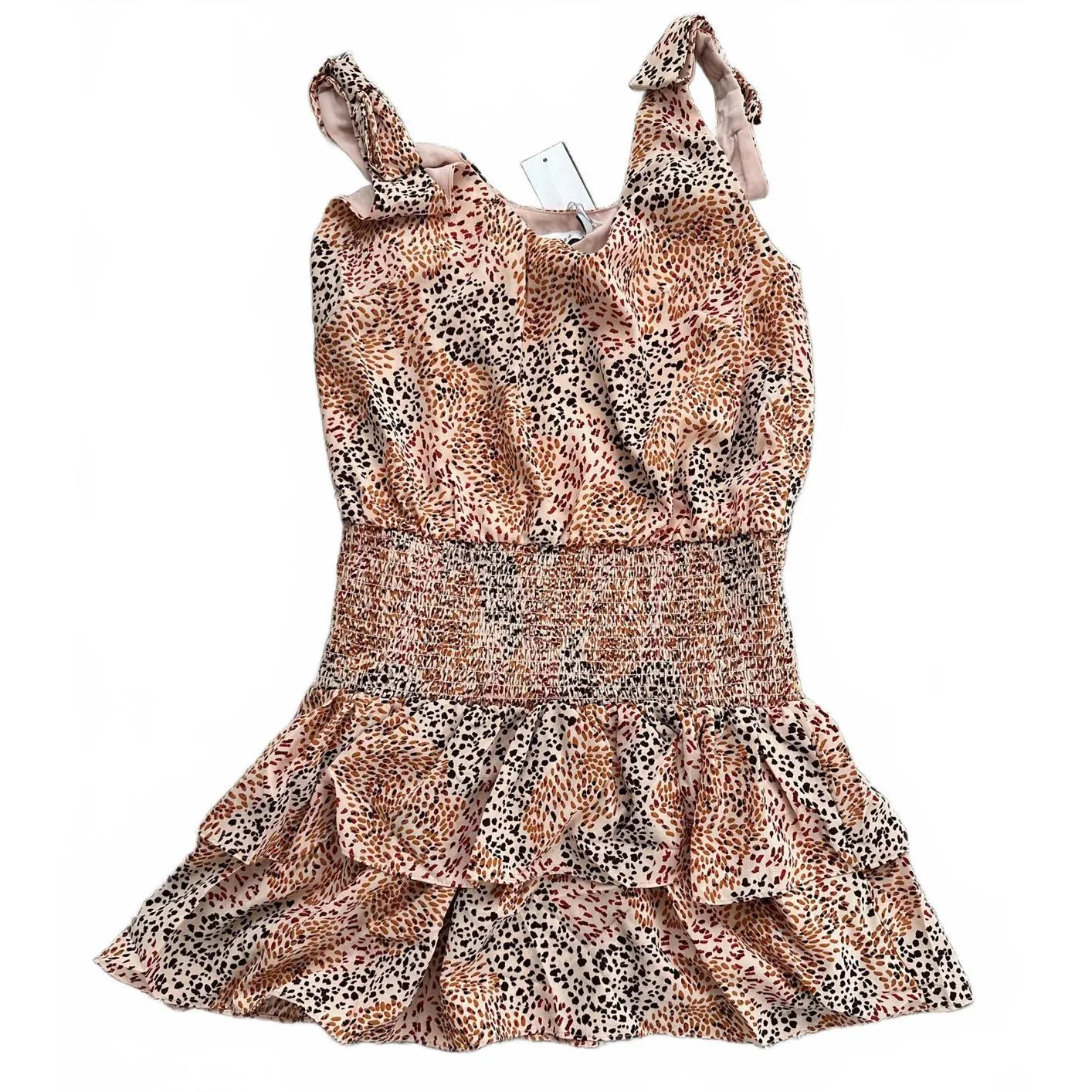 Lush Animal Print Smocked V Neck Sleeveless Mini Dress Pink Cream NWT Small - Image 5