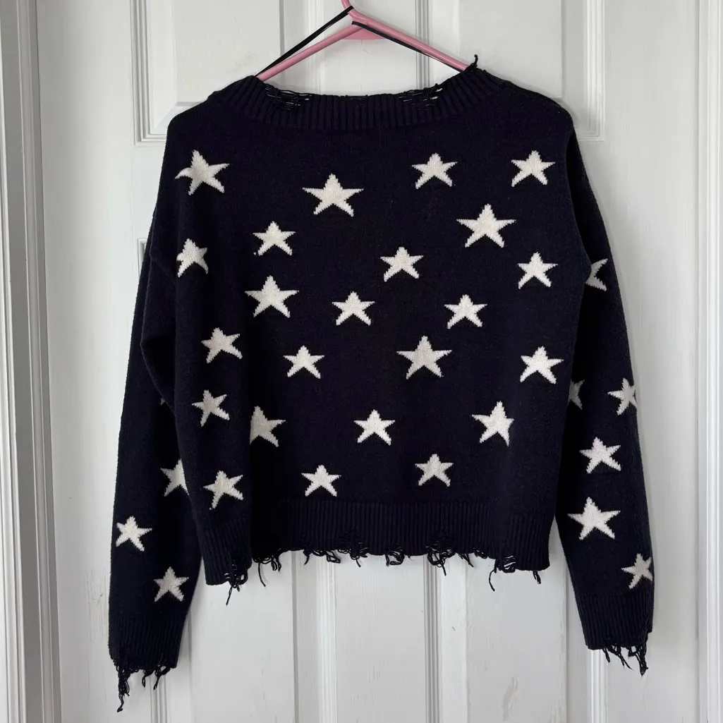 Navy Blue and White Stars Distressed Vneck Wild Honey Sweater - Image 4