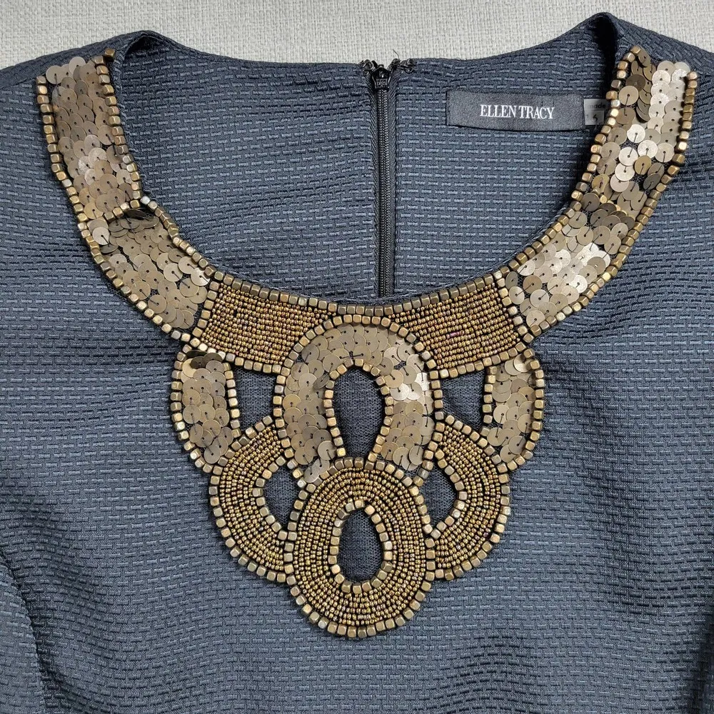 Ellen Tracy Womens Sheath Dress Size 16 Navy Beaded Sequin Statement Collar Mini - Image 2