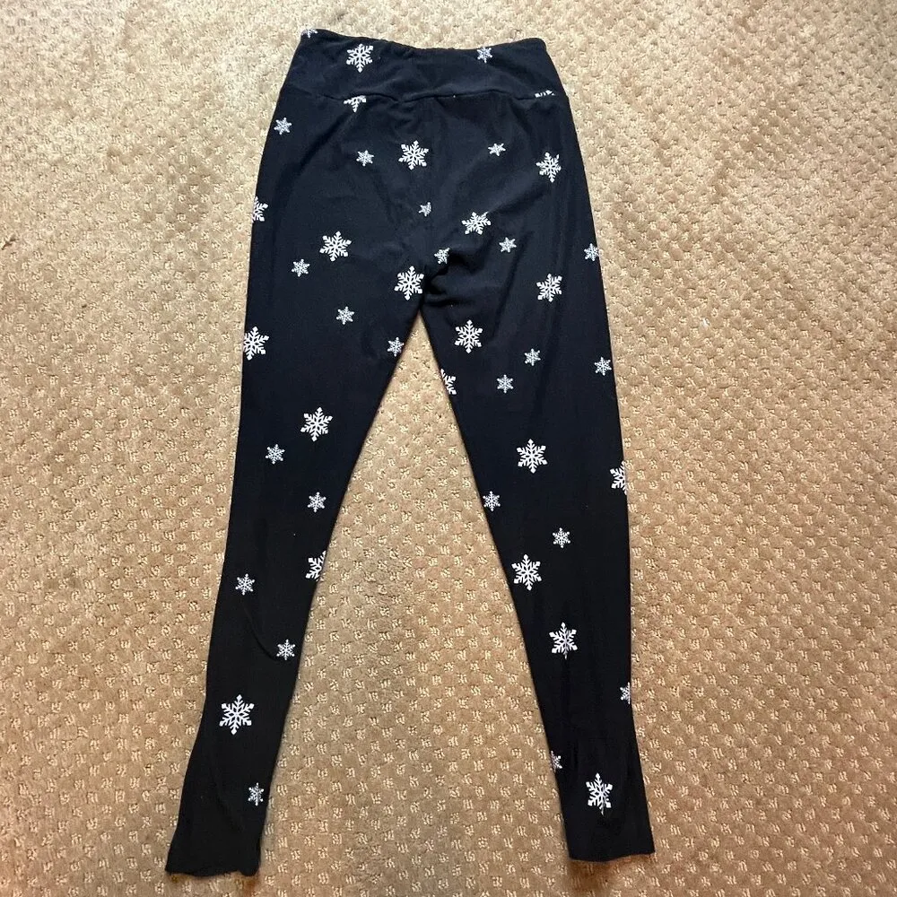 Snowflake Print Leggings Lularoe One Size Soft Stretchy Black White Winter Xmas - Image 8