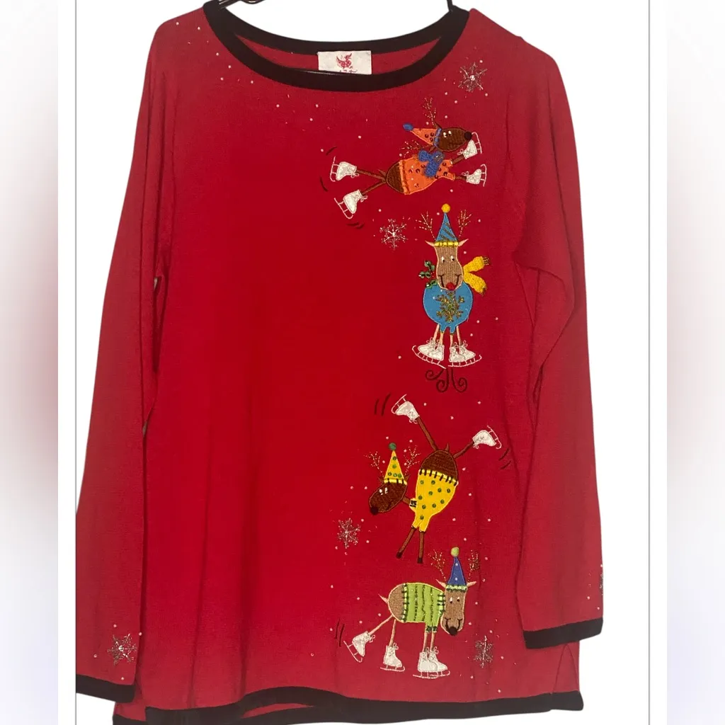 Quacker Factory Small Red
Christmas Reindeer Ice Skating
Sweater Y2K Whimsical - Image 2