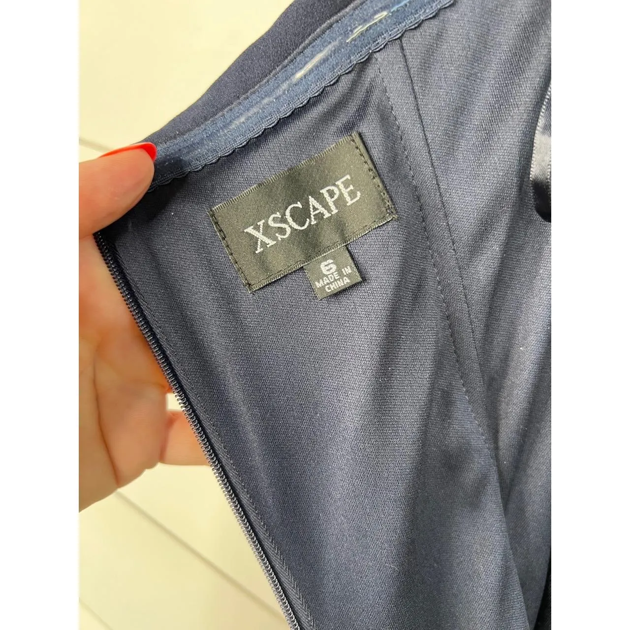 XSCAPE Navy Blue Off Shoulder Ruched Floor Length Evening Gown Dress Size 6 - Image 13