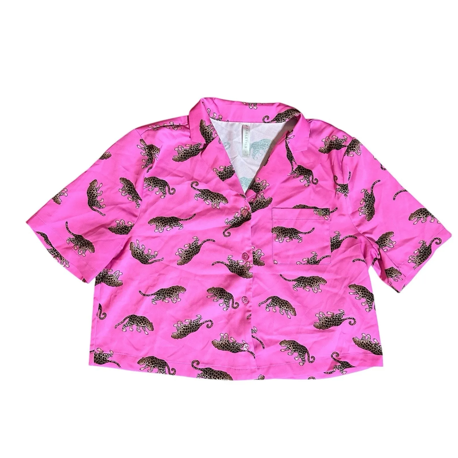 Fabletics EcoSatin Pink Leopard Print Pajama Set Crop Pant Button Down Top Sz S - Image 4