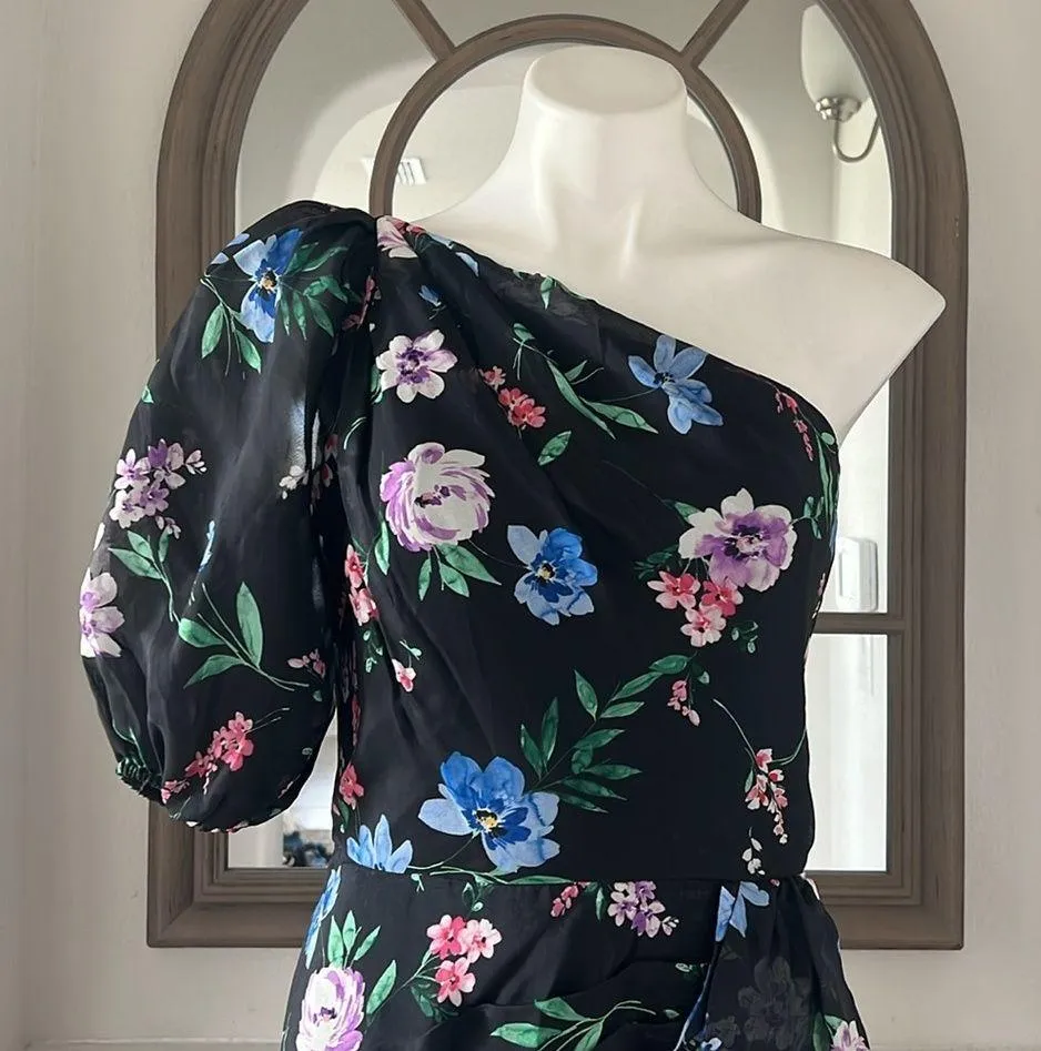 Shoshanna Midnight Gia One Shoulder Silk Floral Dress, Black Size 8 Retail $595 - Image 9
