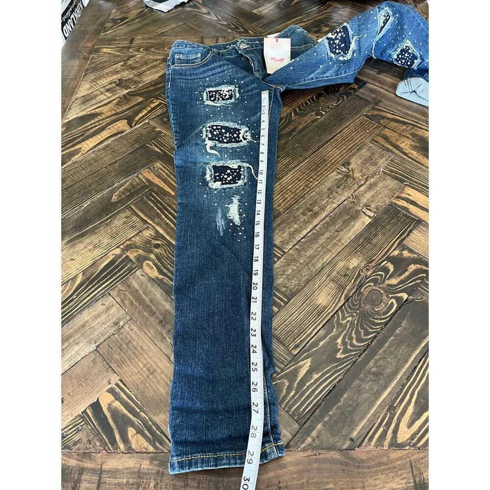 NWT Almost Famous Mid Rise Roll Up Jeans Women 9 Blue Denim Distressed Raw Hem - Image 8