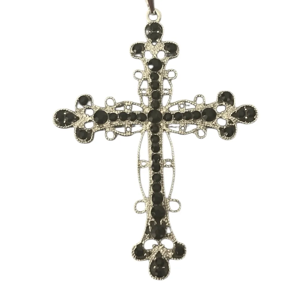 Silver Tone Metal Filigree Black Rhinestones Cross Pendant & Chain Necklace - Image 3