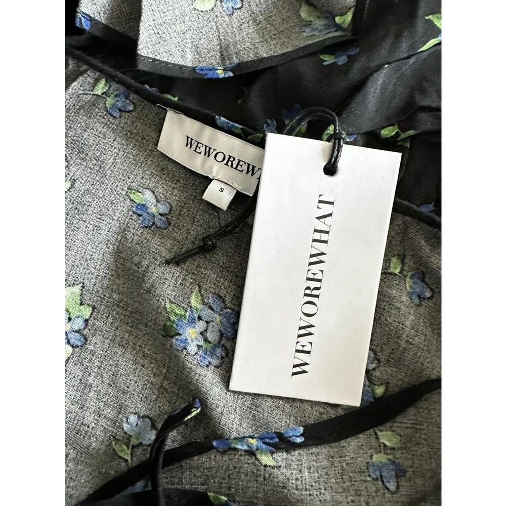 New WeWoreWhat Ruffle Blouse Watercolor Black Multi Ditsy Blue Flower Small - Image 6