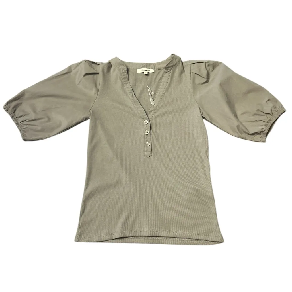 Womens Madewell Puff-Sleeve Henley Knit Top Olive Size XS NWT #NW195 - Image 7