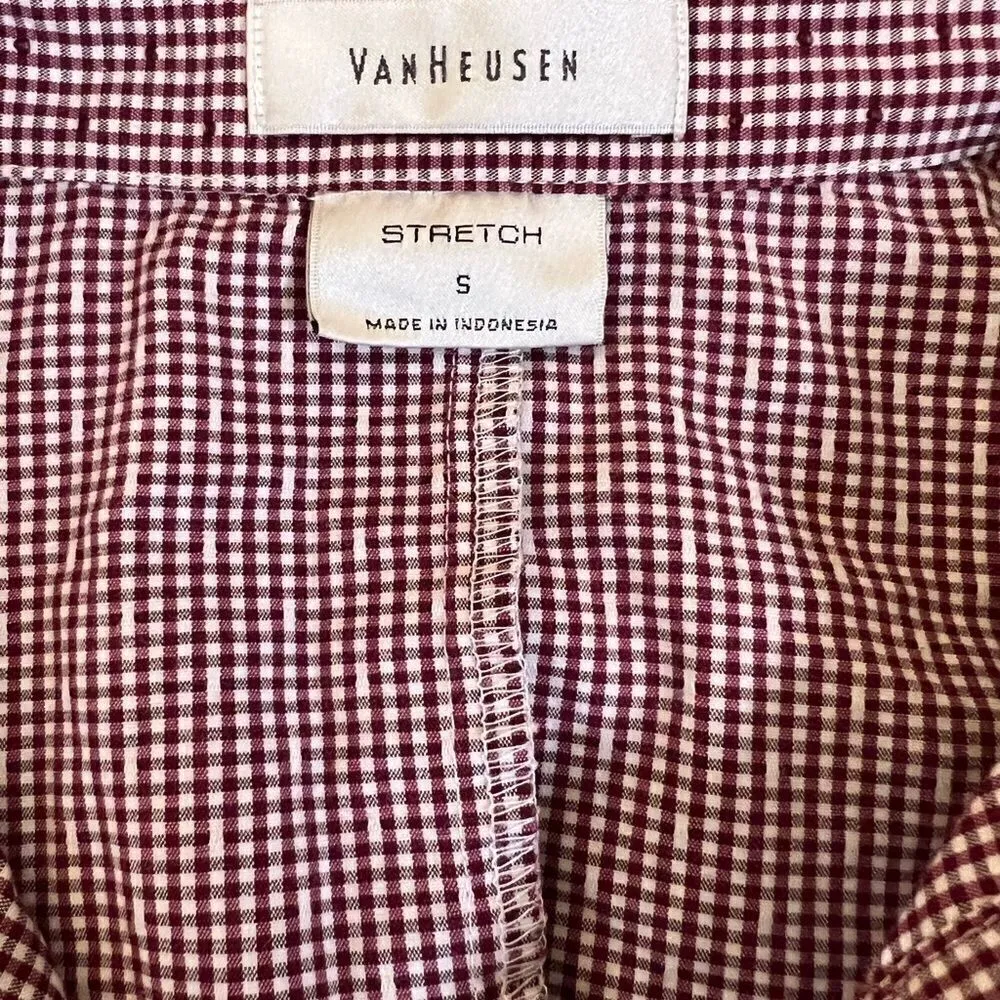 Van Heusen Stretch Berry and White Pin Check Pattern Long Sleeve Button Down S - Image 8