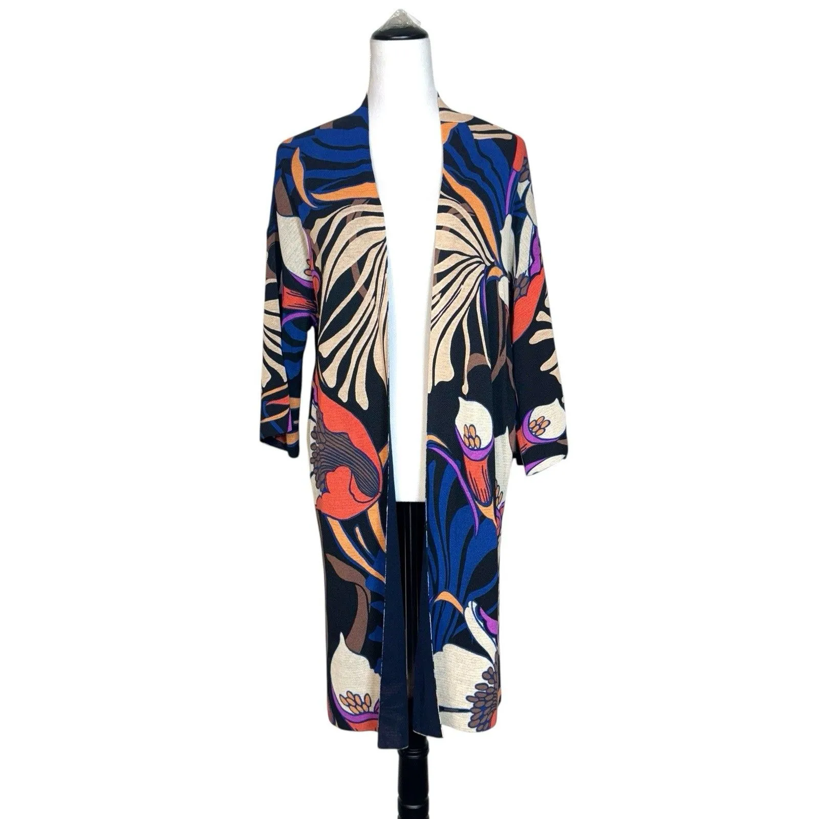 Chicos Floral Open Front Cardigan Duster Kimono Size L Slits Artsy Tropical Boho - Image 2