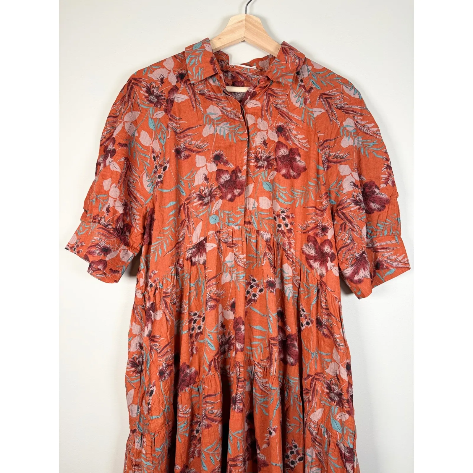 Natural Life Floral Tiered Maxi Shirt Dress Orange XL Cottage Boho Prairie - Image 2