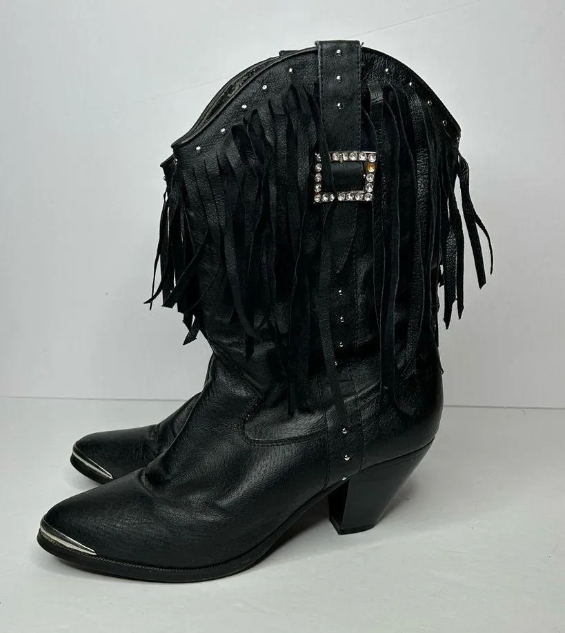 Vintage dingo Black leather Fringe Western Boots 7.5 - Image 2