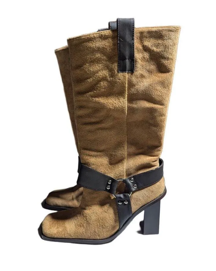 Vtg Y2K Newport News Tan Suede Knee High Square Toe Block Heel Harness Boots 7 - Image 6