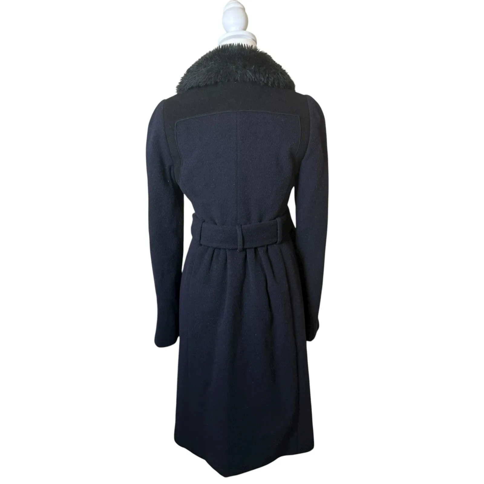 Rebecca Taylor Navy Black Wool Peacoat Faux Fur Collar Double Breasted Belt Sz 0 - Image 6