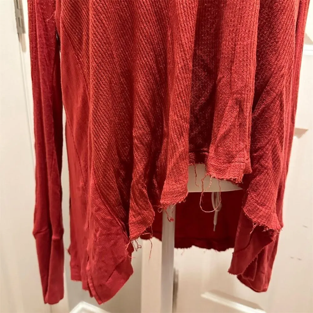 Free People Thermal Top S Red Scoop Neck Long Raw Hem Women's Top Small - Image 3