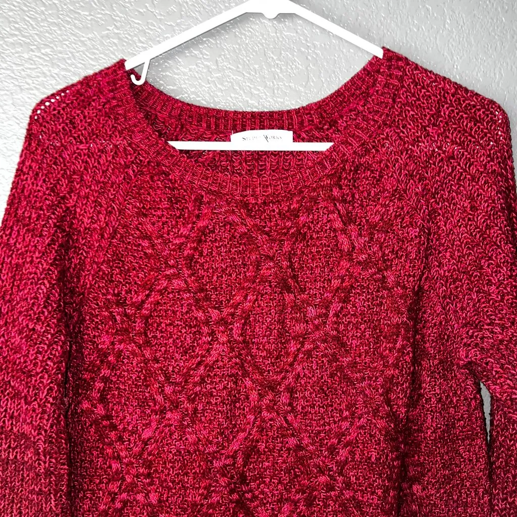 Studio Works Red Cotton Cable Knit Sweater, V-neck, Size Large - Image 4
