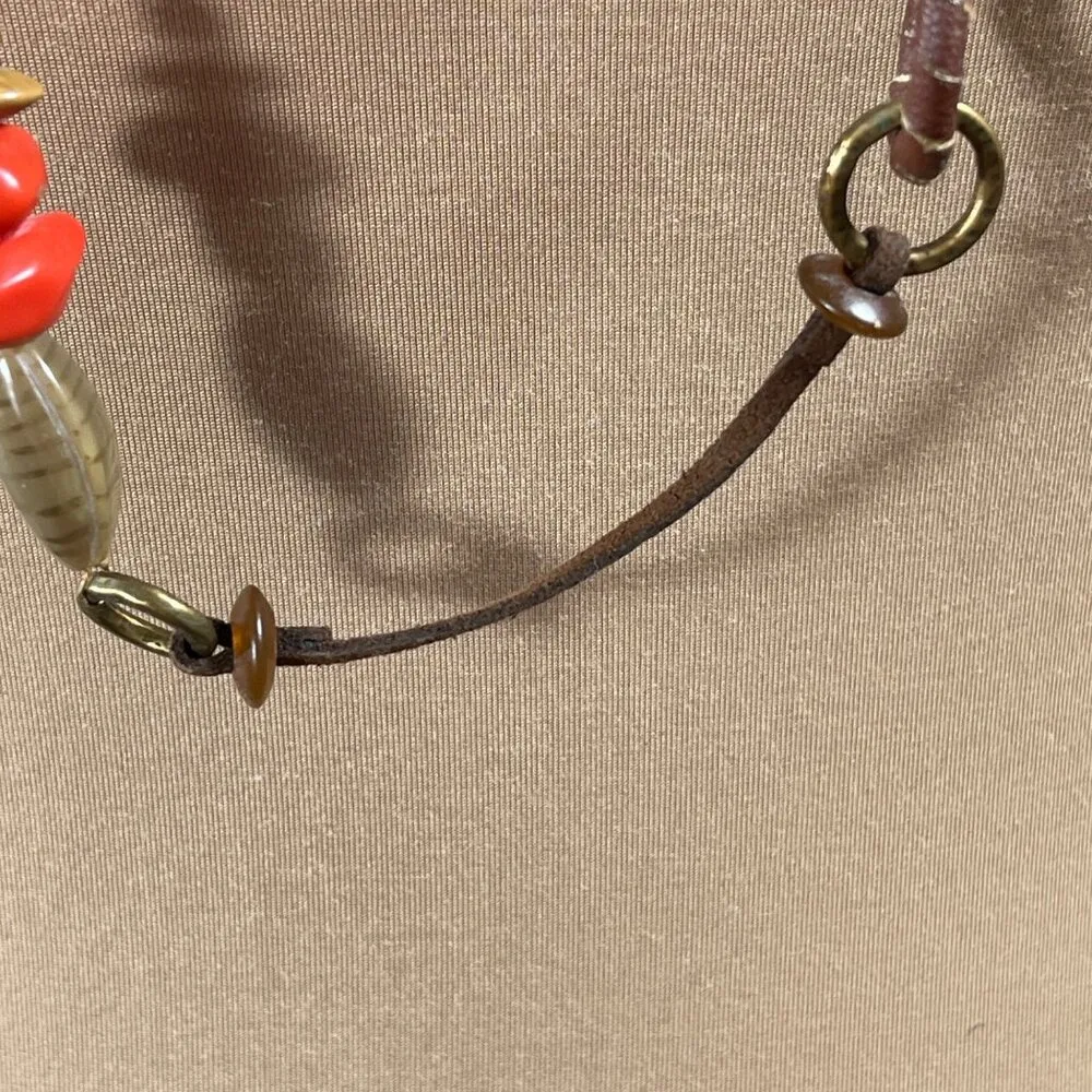 Coldwater Creek Long Necklace Coral Stone Rawhide Gold Tone Wood - Image 4