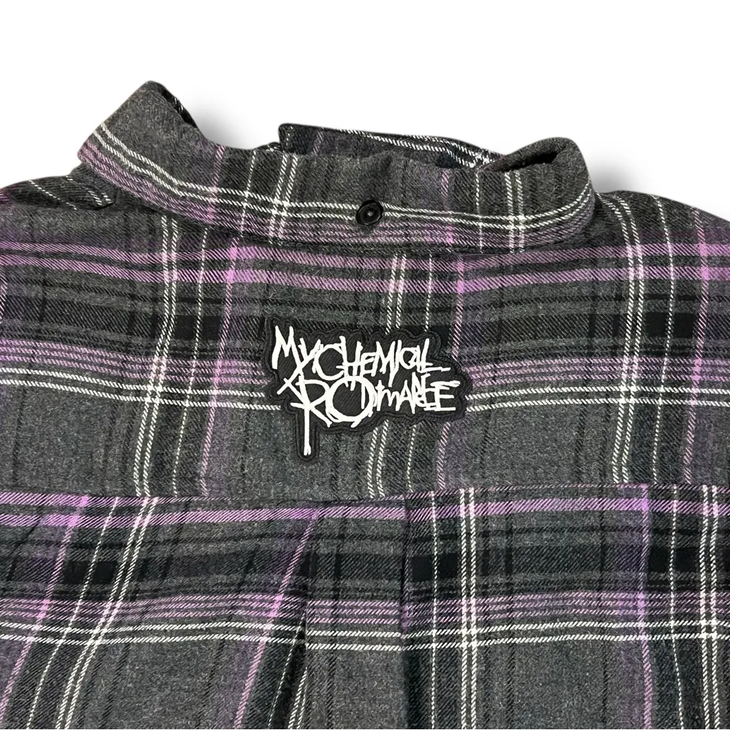 Plaid Flannel Grunge Rock Punk Dress Baggy Purple Black Large All Over Patches - Image 7