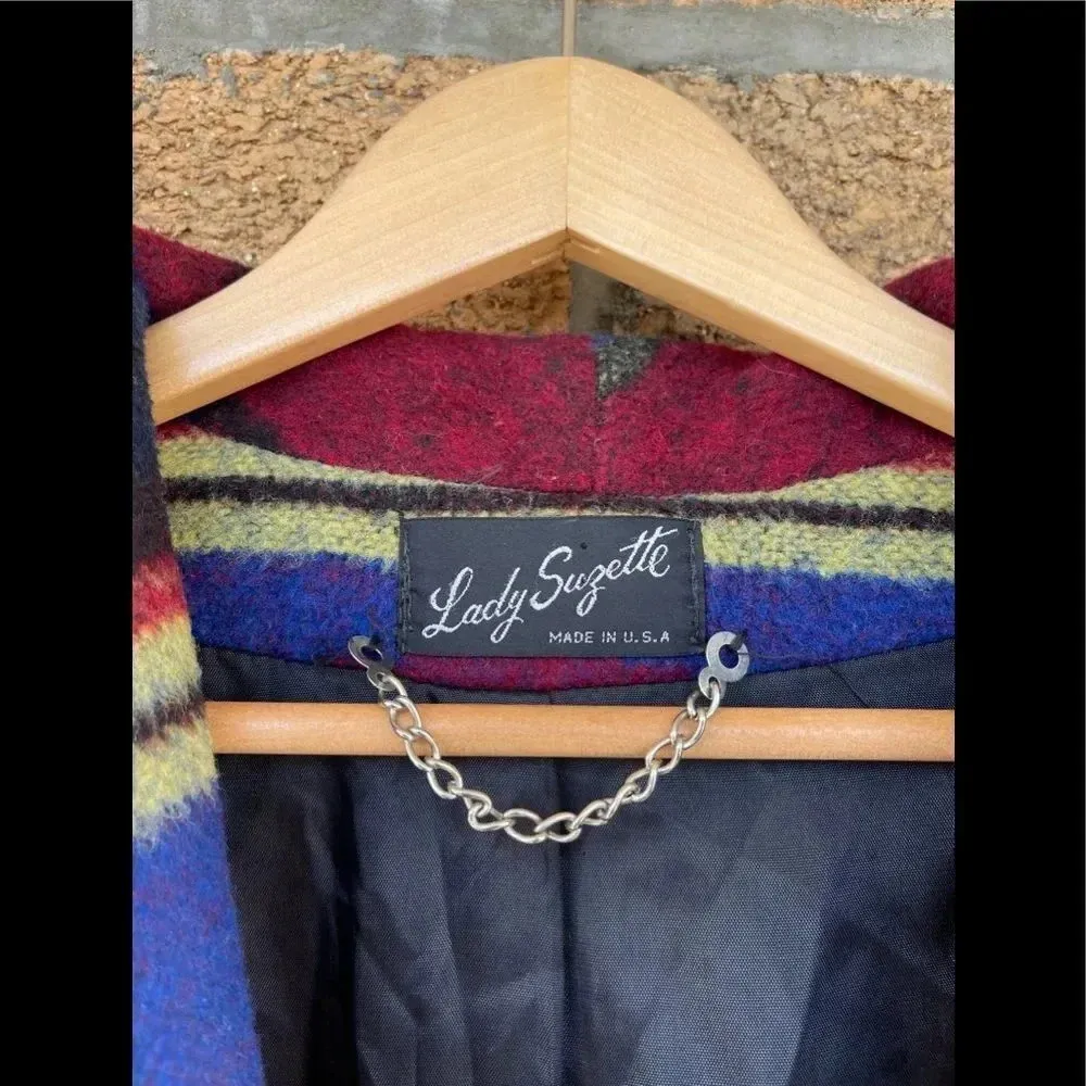 LADY SUZETTE Vintage Wool Dartmouth Fabric Southwestern Native Jacket Coat XL Blue - Image 7