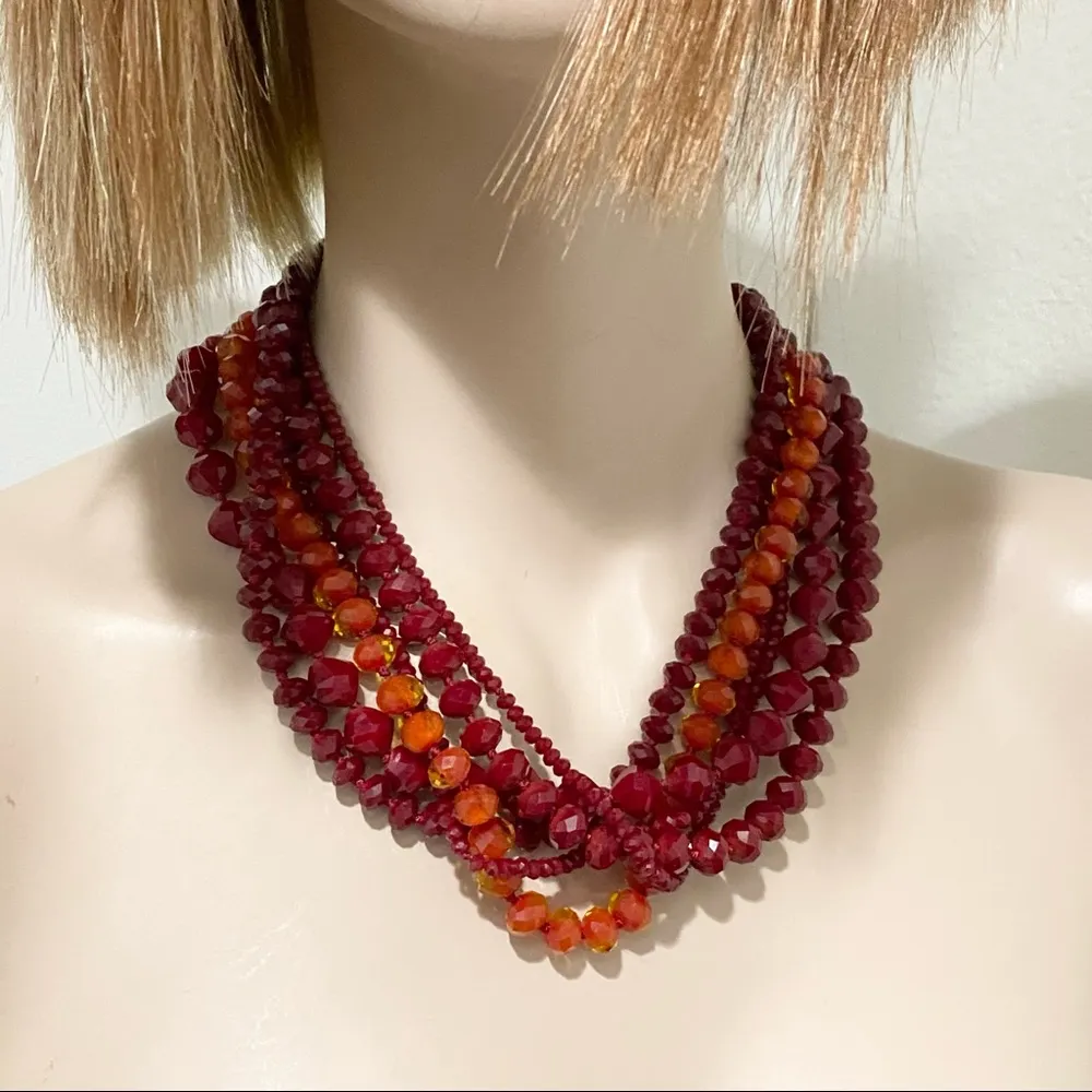 Multi strand Red/Orange Faceted Glass Beads Magnetic Clasp 20” Necklace - Image 3